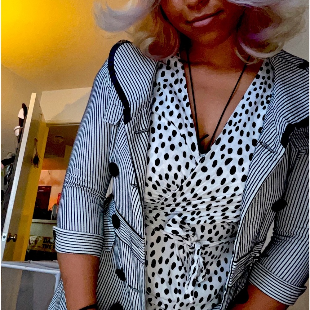 black and white pokeadot dress with striped coat